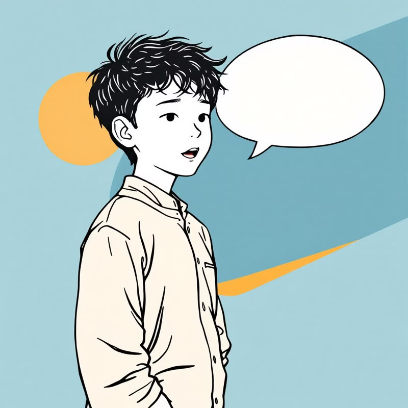 A boy talks with a speech bubble